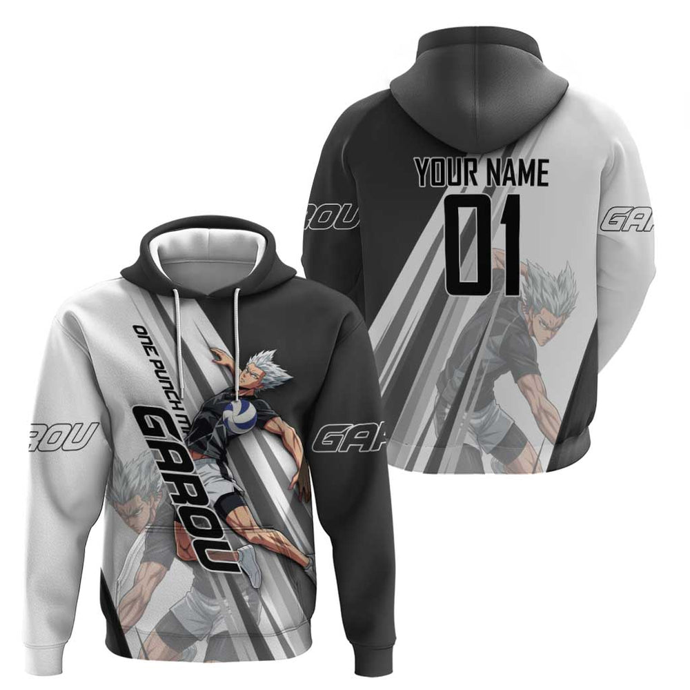 Personalized Garou Volleyball Action Design Hoodie with Monochrome Stripes and Dynamic Pose Personalized Garou Volleyball Action Design Hoodie with Monochrome Stripes and Dynamic Pose