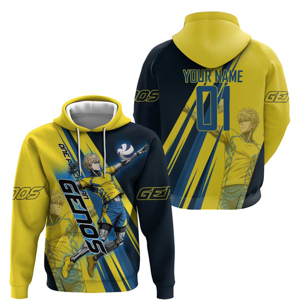Personalized Genos Volleyball Design Hoodie with Yellow and Blue Athletic Theme and Dynamic Spike Po Personalized Genos Volleyball Design Hoodie with Yellow and Blue Athletic Theme and Dynamic Spike Po