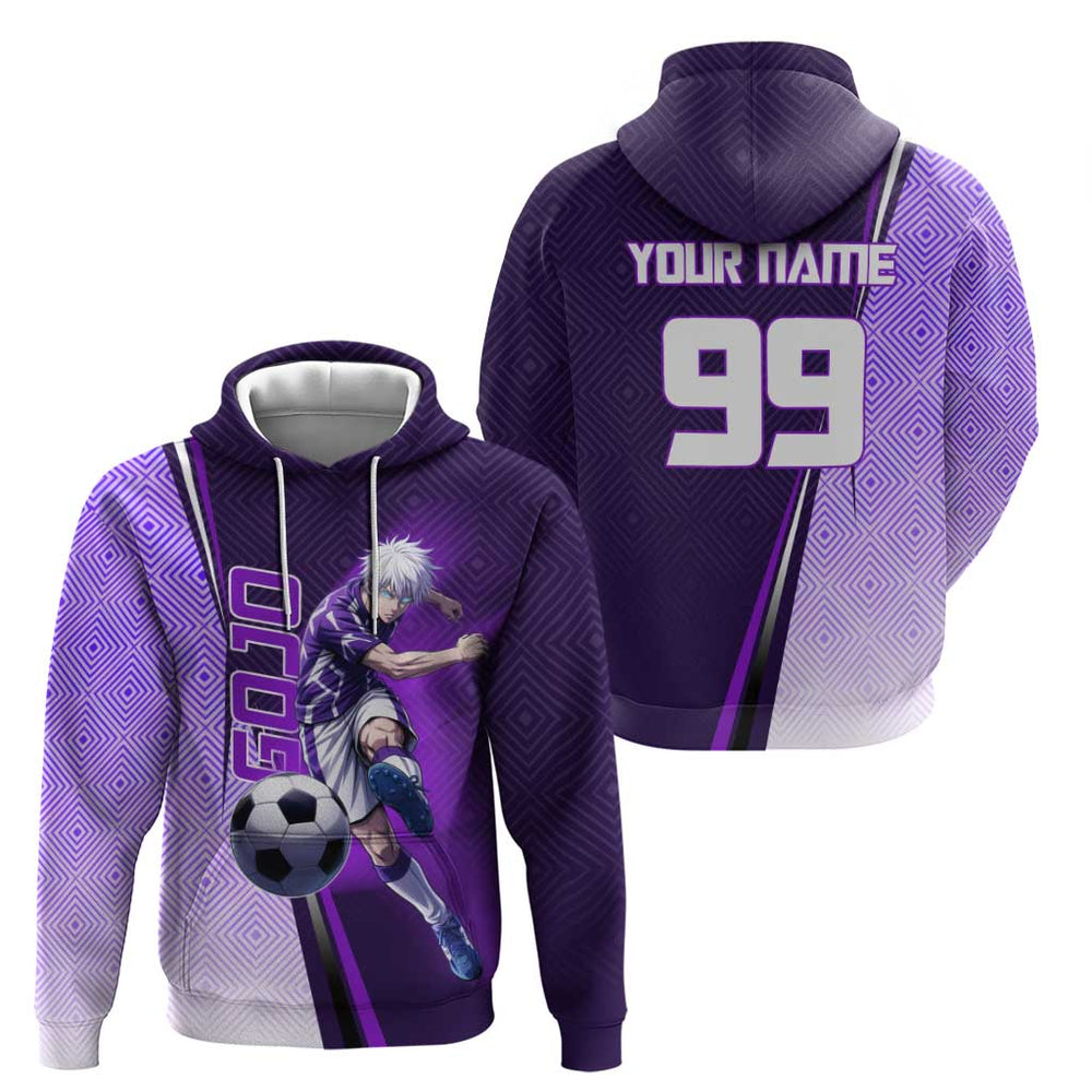 Personalized Gojo Satoru Jujutsu Kaisen Soccer Theme Hoodie with Kicking Pose and Purple Gradient Ge Personalized Gojo Satoru Jujutsu Kaisen Soccer Theme Hoodie with Kicking Pose and Purple Gradient Ge