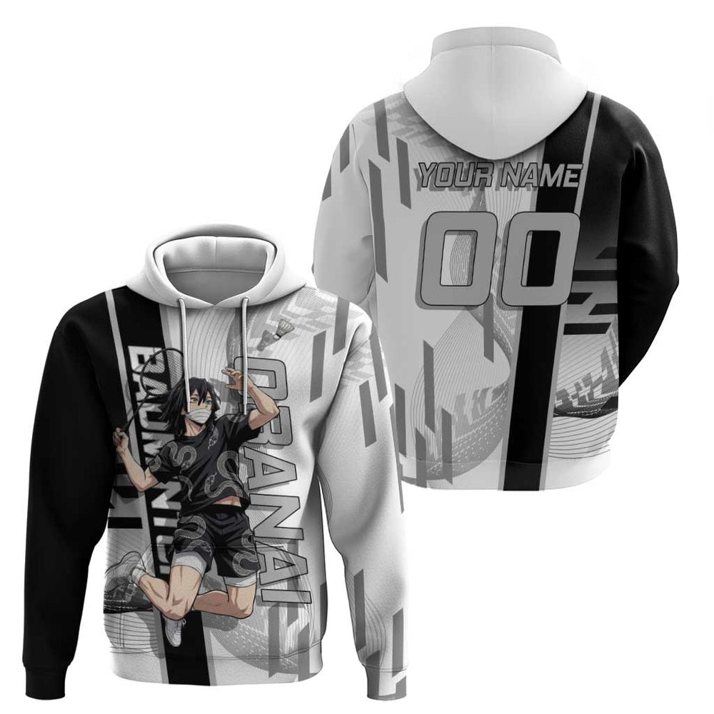 Personalized Obanai Iguro Demon Slayer Badminton Hoodie with Racket Action Pose and Black White Grap Personalized Obanai Iguro Demon Slayer Badminton Hoodie with Racket Action Pose and Black White Grap