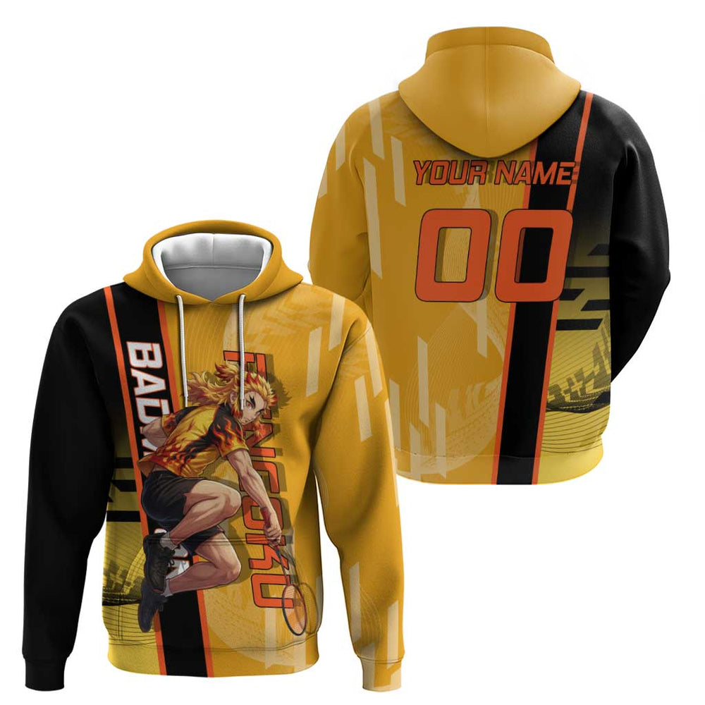Personalized Rengoku Anime Badminton Theme Hoodie with Racket Action Pose and Fiery Yellow Black Gra Personalized Rengoku Anime Badminton Theme Hoodie with Racket Action Pose and Fiery Yellow Black Gra
