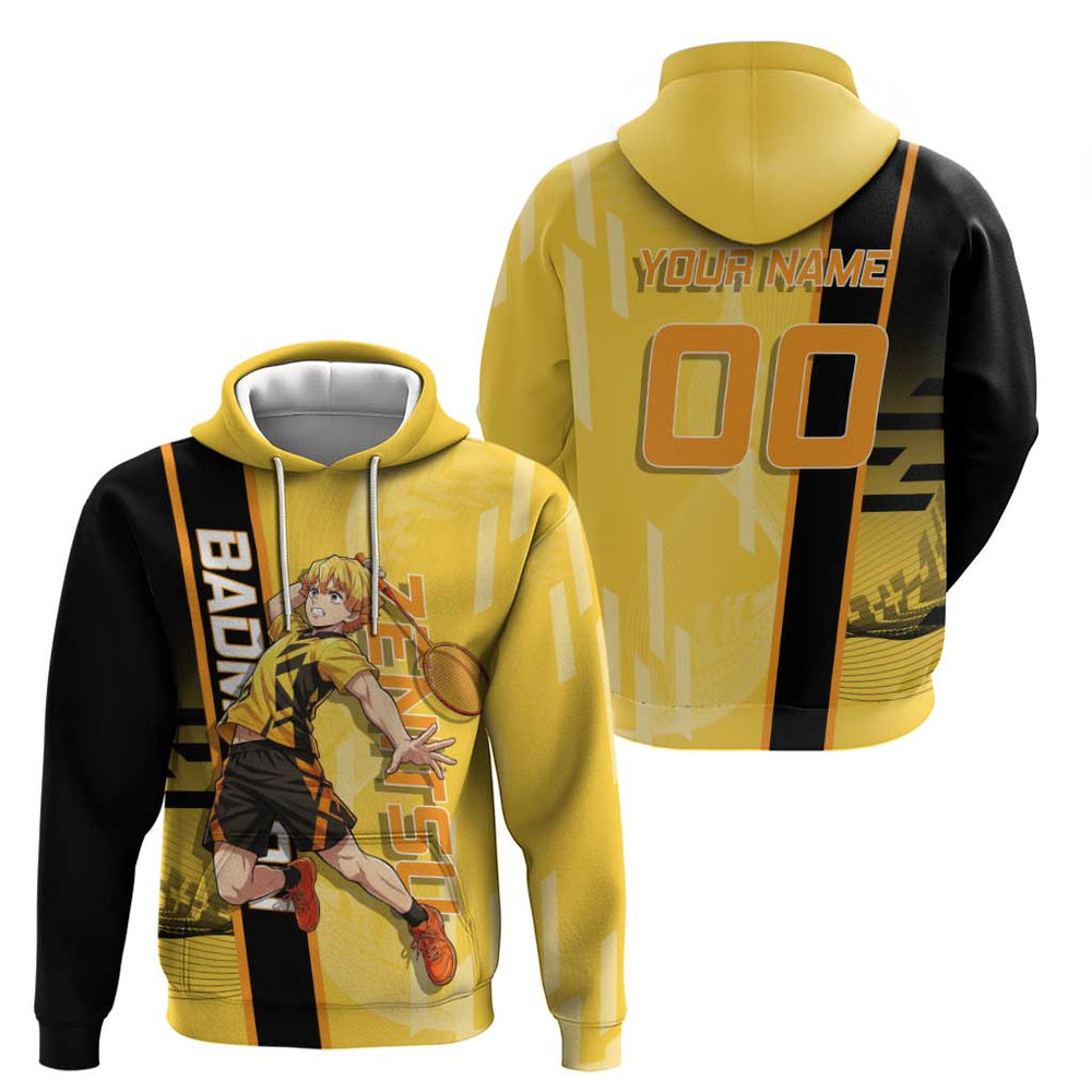 Personalized Zenitsu Agatsuki Demon Slayer Badminton Theme Hoodie with Racket Action Pose and Yellow Personalized Zenitsu Agatsuki Demon Slayer Badminton Theme Hoodie with Racket Action Pose and Yellow