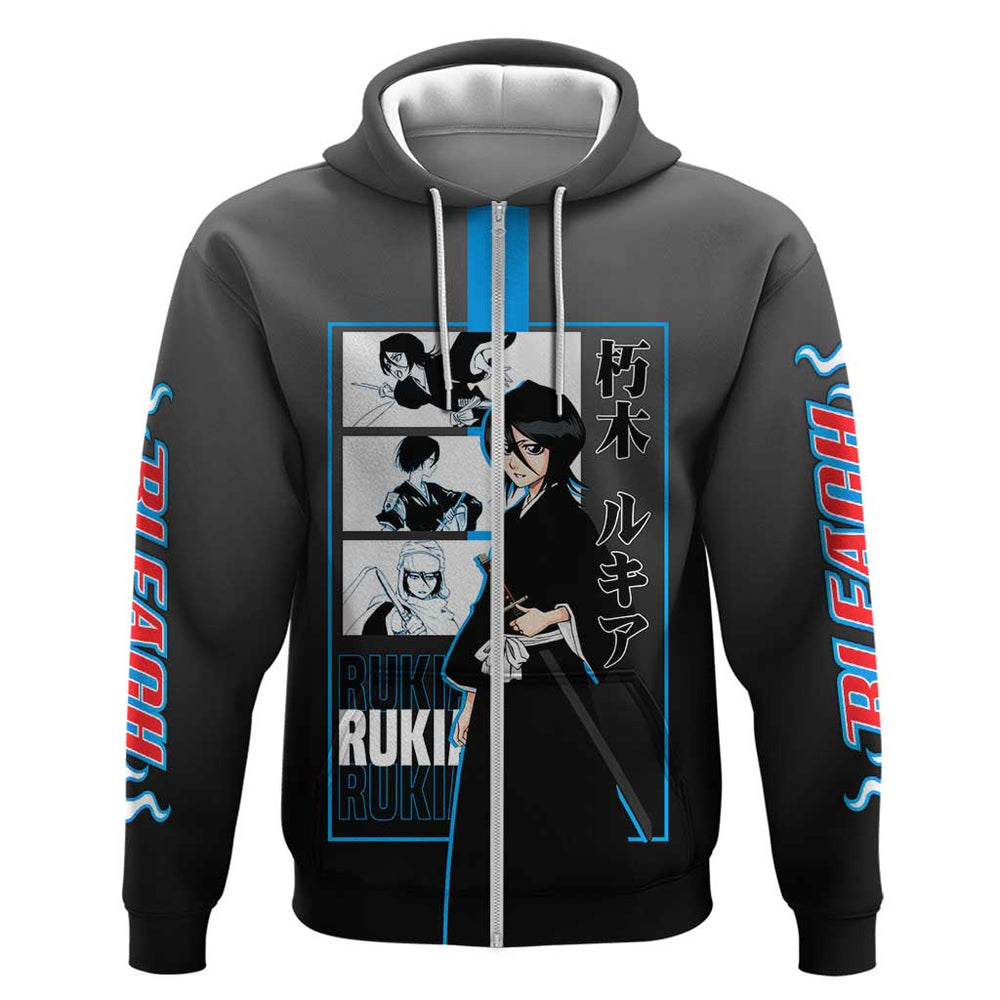 Rukia Kuchiki Bleach Hoodie with Zanpakuto and Elegant Combat Pose Design Rukia Kuchiki Bleach Hoodie with Zanpakuto and Elegant Combat Pose Design