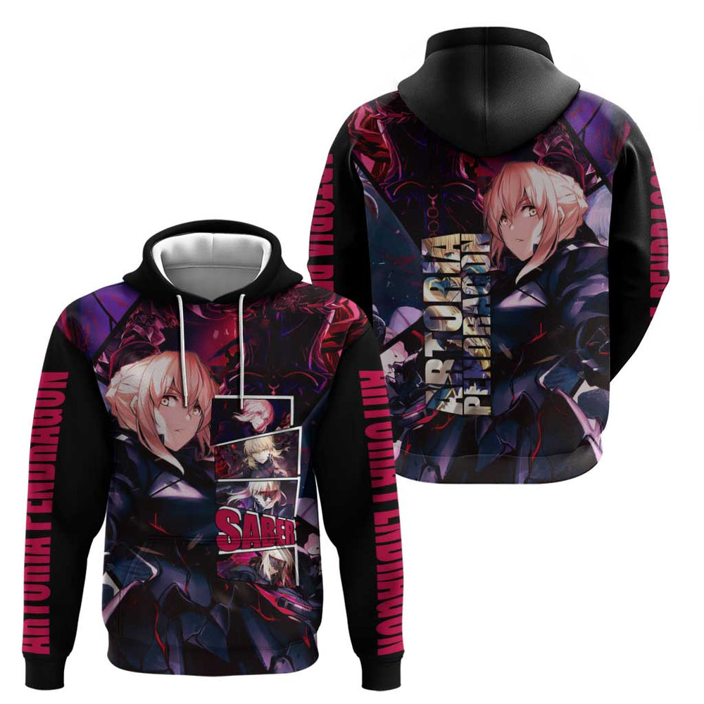 Saber Artoria Pendragon Dark Armor Theme Hoodie with Red and Purple Abstract Background Design Saber Artoria Pendragon Dark Armor Theme Hoodie with Red and Purple Abstract Background Design