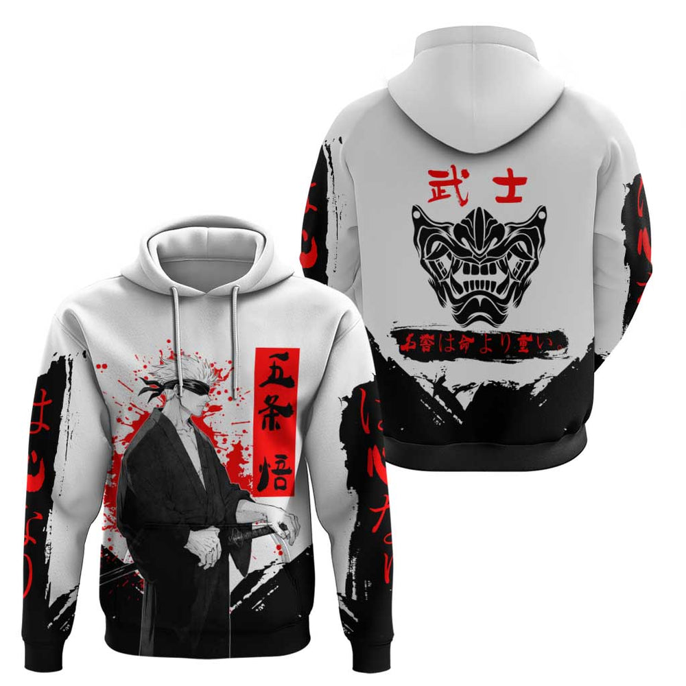 Satoru Gojo Jujutsu Kaisen Samurai Style Hoodie with Katana Red Kanji and Oni Mask Illustration Satoru Gojo Jujutsu Kaisen Samurai Style Hoodie with Katana Red Kanji and Oni Mask Illustration