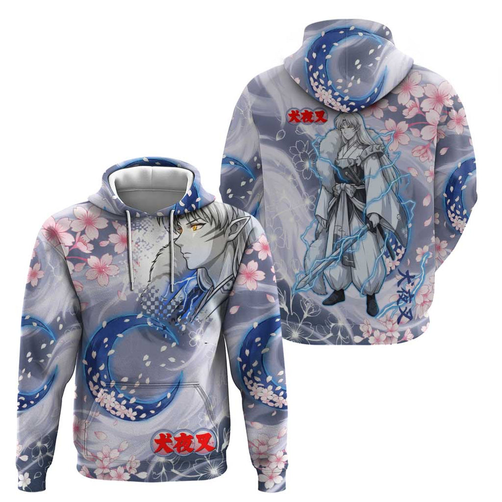 Sesshomaru Inuyasha Series Hoodie Elegant Sakura Storm Style with Crescent Moon Motif Sesshomaru Inuyasha Series Hoodie Elegant Sakura Storm Style with Crescent Moon Motif