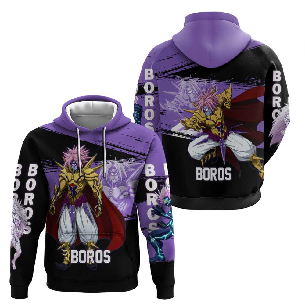 Boros One Punch Man Anime Purple and Black Theme Hoodie with Galactic Overlord Design and Intense Ba Boros One Punch Man Anime Purple and Black Theme Hoodie with Galactic Overlord Design and Intense Ba