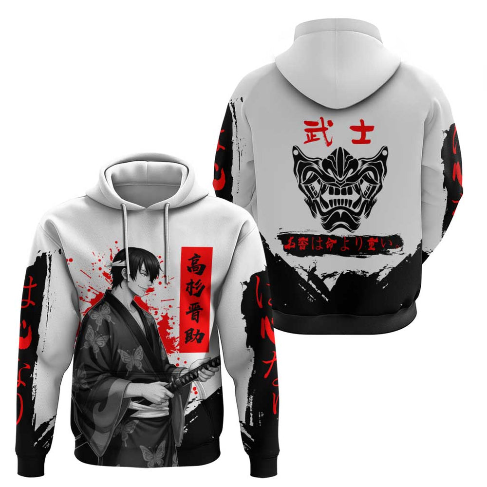 Shinsuke Takasugi Gintama Samurai Design Hoodie with Katana Red Calligraphy and Oni Mask Art Shinsuke Takasugi Gintama Samurai Design Hoodie with Katana Red Calligraphy and Oni Mask Art