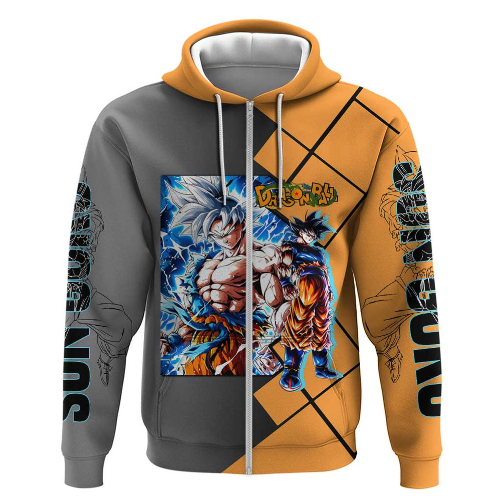 Son Goku Dragon Ball Hoodie with Super Saiyan Aura and Powerful Fighting Pose Design Son Goku Dragon Ball Hoodie with Super Saiyan Aura and Powerful Fighting Pose Design