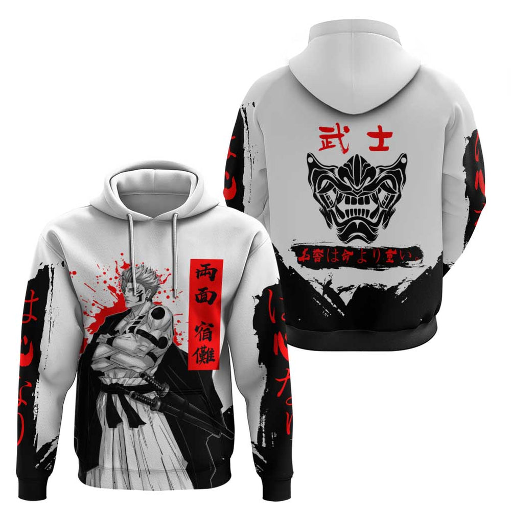 Sukuna Jujutsu Kaisen Samurai Aesthetic Hoodie with Katana Red Kanji and Oni Mask Design Sukuna Jujutsu Kaisen Samurai Aesthetic Hoodie with Katana Red Kanji and Oni Mask Design