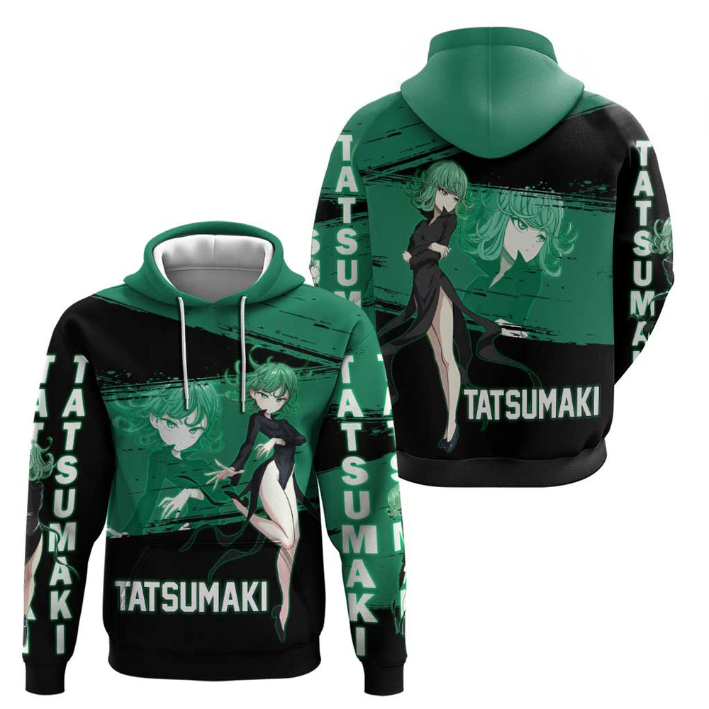 Tatsumaki One Punch Man Anime Green and Black Theme Hoodie with Psychic Power Effects and Bold Tatsumaki One Punch Man Anime Green and Black Theme Hoodie with Psychic Power Effects and Bold