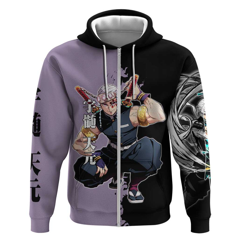 Tengen Uzui from Demon Slayer Hoodie with Purple and Black Split Design and Dual Sword Manga Panel L Tengen Uzui from Demon Slayer Hoodie with Purple and Black Split Design and Dual Sword Manga Panel L