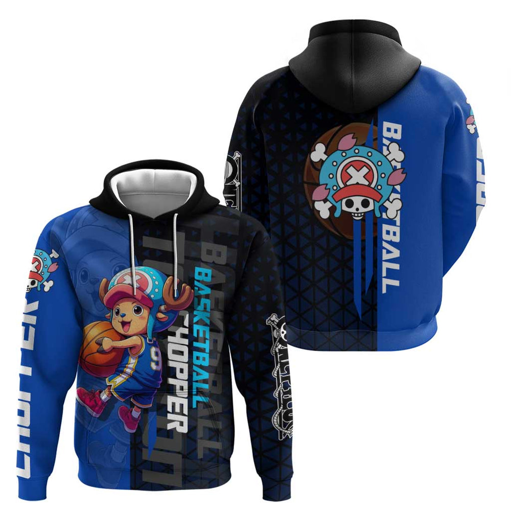 Tony Tony Chopper One Piece Basketball Theme Blue and Black Design Hoodie with Straw Hat Crew Emblem Tony Tony Chopper One Piece Basketball Theme Blue and Black Design Hoodie with Straw Hat Crew Emblem