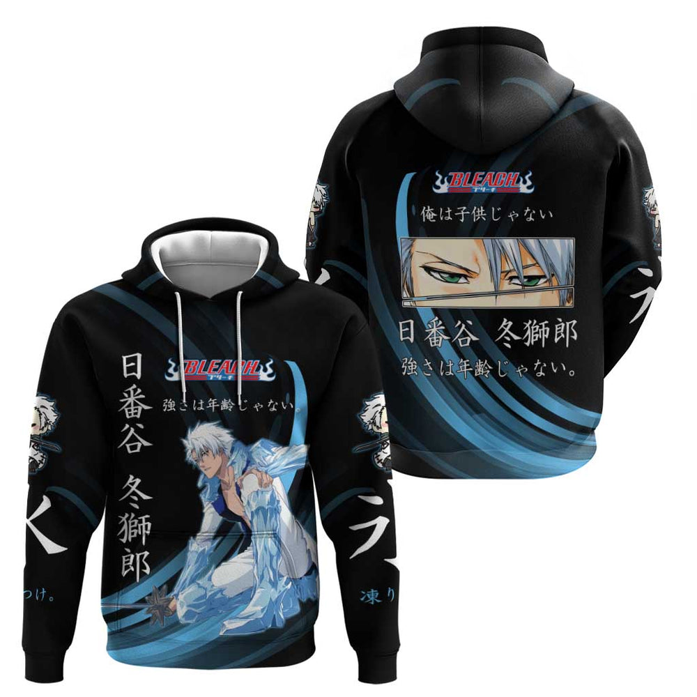 Toshiro Hitsugaya Bleach Anime Black and Blue Theme Hoodie with Ice Dragon Elements and Japanese Quo Toshiro Hitsugaya Bleach Anime Black and Blue Theme Hoodie with Ice Dragon Elements and Japanese Quo