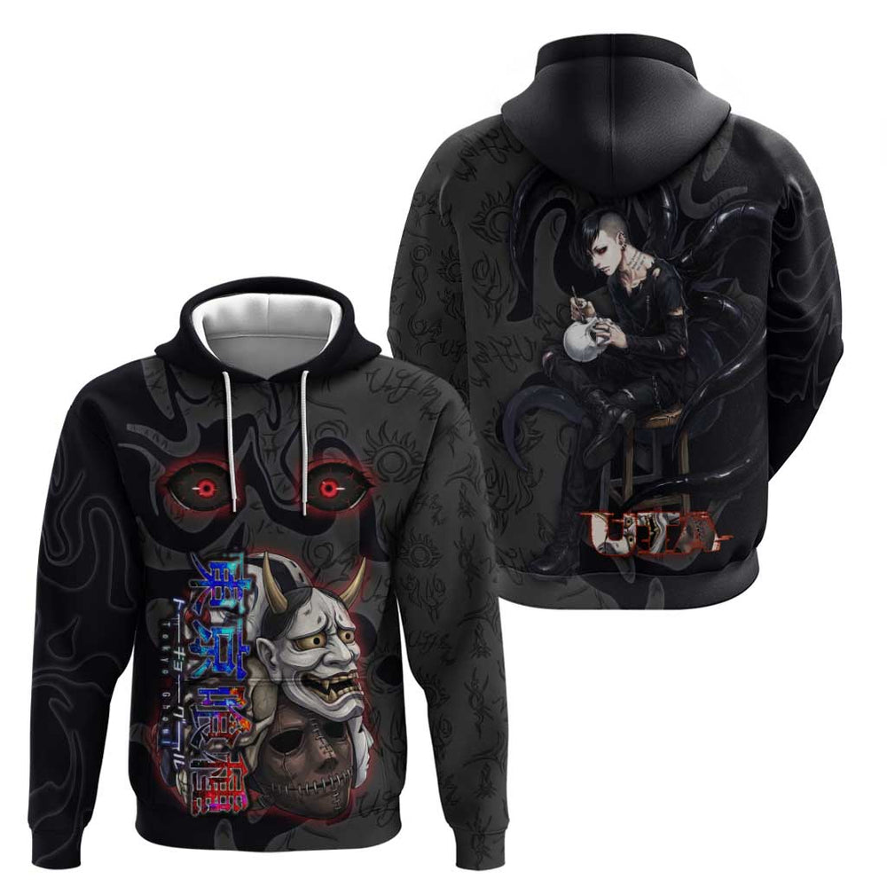Uta Tokyo Ghoul Hoodie Dark Urban Tattoo Style with Oni Mask Elements Uta Tokyo Ghoul Hoodie Dark Urban Tattoo Style with Oni Mask Elements