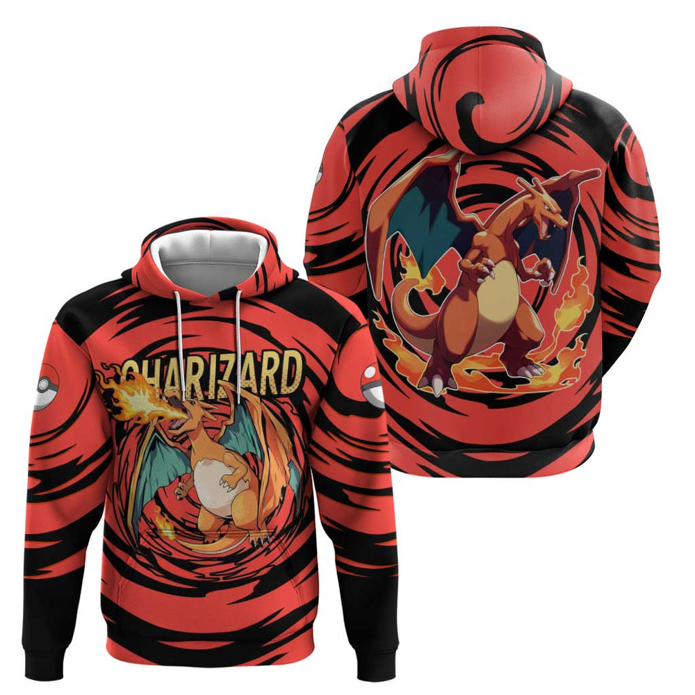 Charizard Pok mon Red and Black Swirl Design Hoodie with Flames Pok ball Accents and Dynamic Fire-Br Charizard Pok mon Red and Black Swirl Design Hoodie with Flames Pok ball Accents and Dynamic Fire-Br