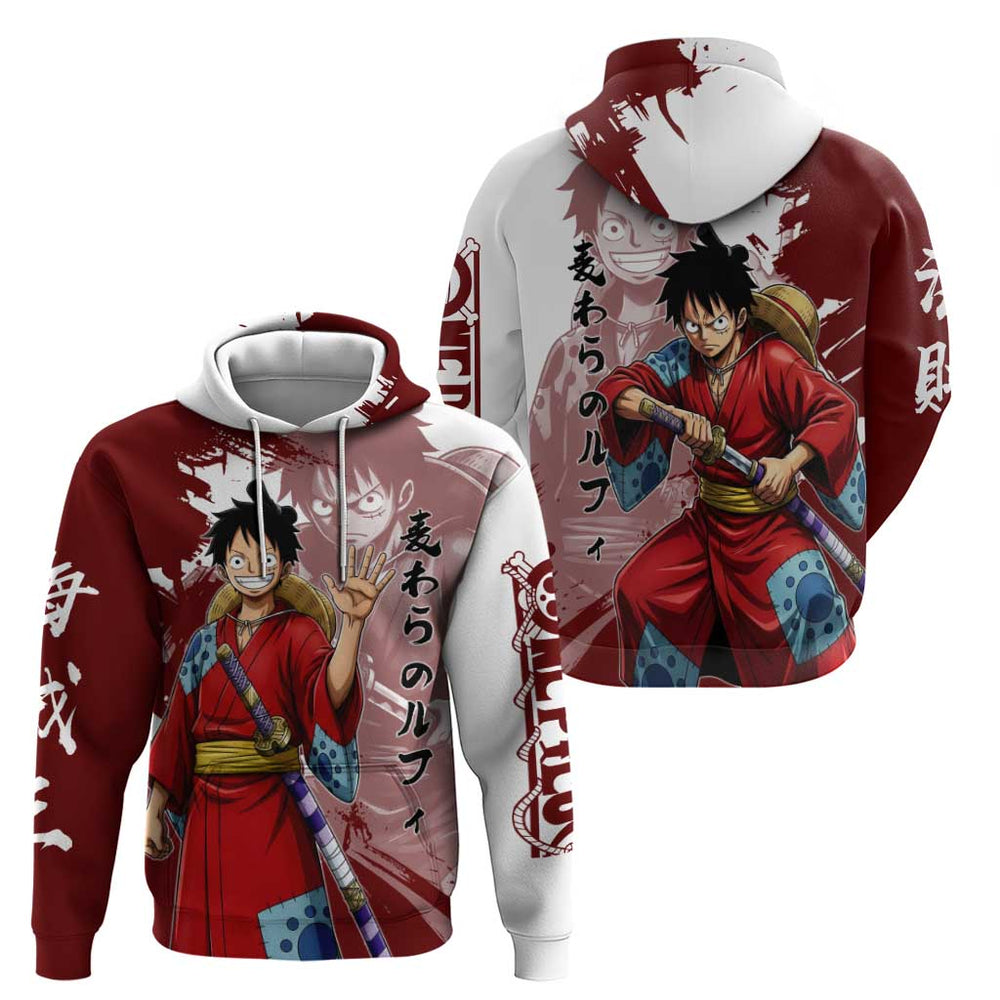 Wano Samurai Luffy Hoodie One Piece Warrior Straw Hat Wano Samurai Luffy Hoodie One Piece Warrior Straw Hat