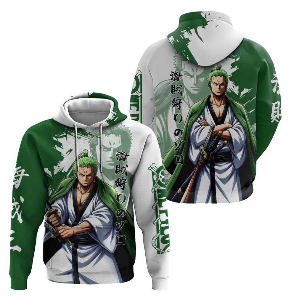Wano Samurai Roronoa Zoro Hoodie Bold Ink Brush Anime Style Wano Samurai Roronoa Zoro Hoodie Bold Ink Brush Anime Style