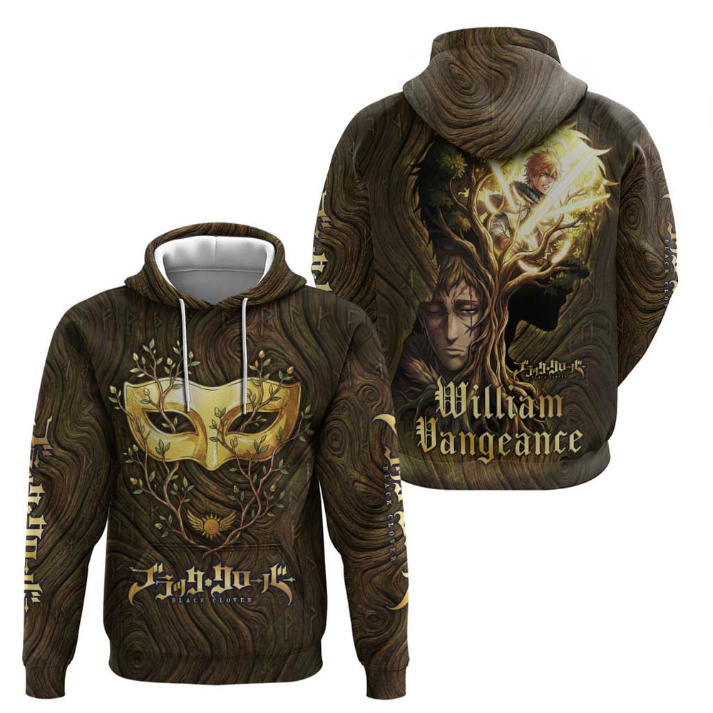 William Vangeance Black Clover Hoodie Enchanted Woodgrain Style with Duality and Golden Mask Motif William Vangeance Black Clover Hoodie Enchanted Woodgrain Style with Duality and Golden Mask Motif