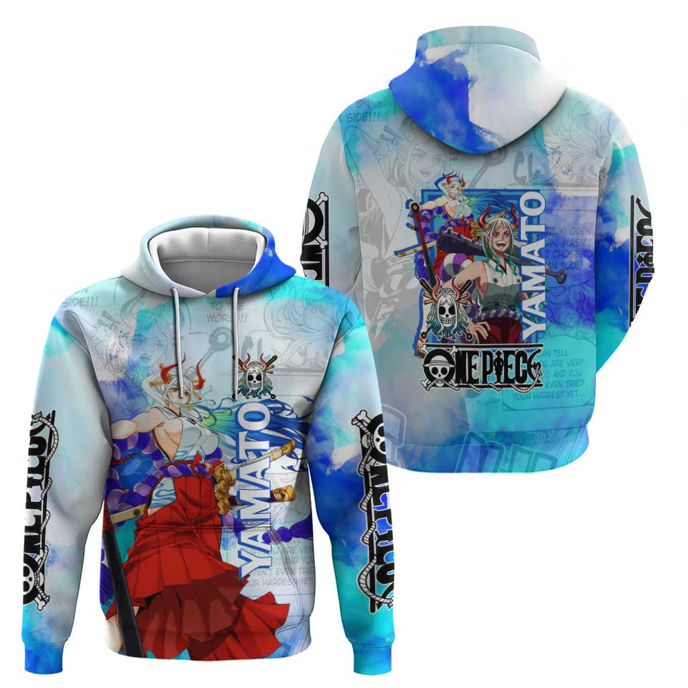 Yamato One Piece Blue Cloud Theme Hoodie with Manga Panels and Oni Horn Character Design Yamato One Piece Blue Cloud Theme Hoodie with Manga Panels and Oni Horn Character Design
