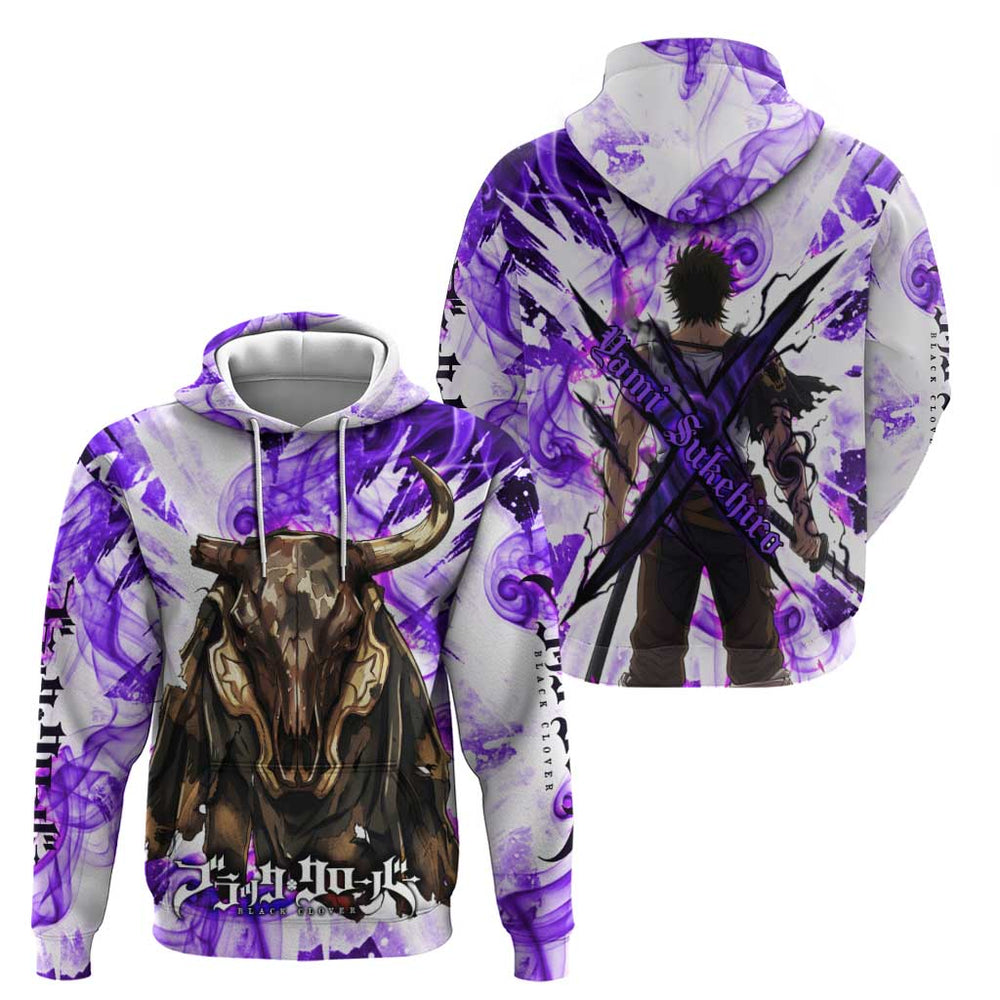 Yami Sukehiro Black Clover Hoodie Dark Magic Anime Style with Purple Smoke and Bull Emblem Yami Sukehiro Black Clover Hoodie Dark Magic Anime Style with Purple Smoke and Bull Emblem