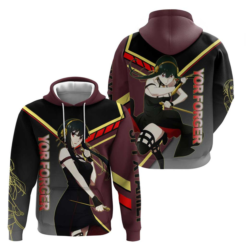 Yor Forger Spy x Family Red and Black Assassin Theme Hoodie with Elegant Weapon Pose and Bold Color Yor Forger Spy x Family Red and Black Assassin Theme Hoodie with Elegant Weapon Pose and Bold Color