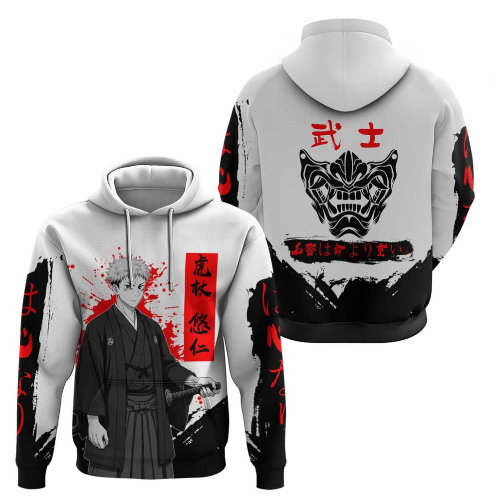 Yuji Itadori Jujutsu Kaisen Samurai Design Hoodie with Katana Red Kanji Elements and Oni Mask Graphi Yuji Itadori Jujutsu Kaisen Samurai Design Hoodie with Katana Red Kanji Elements and Oni Mask Graphi
