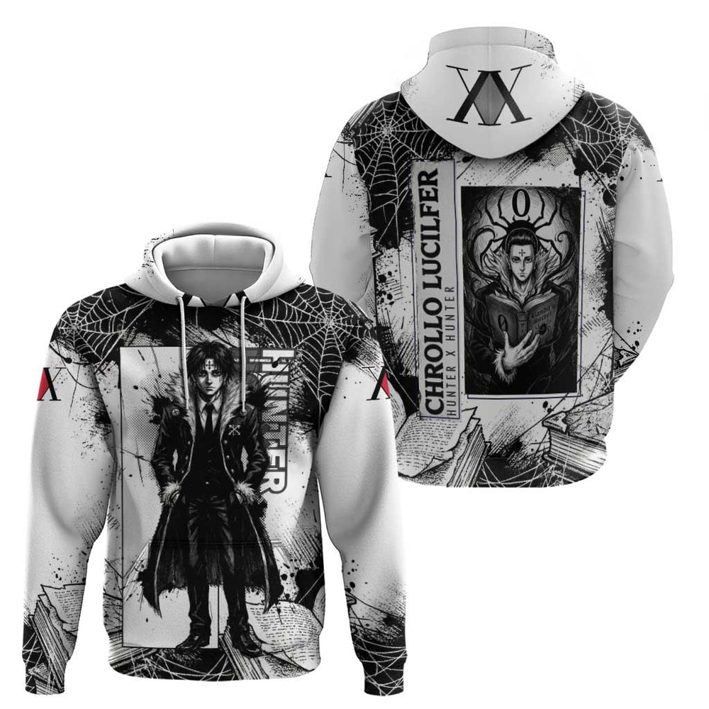 Chrollo Lucilfer Gothic Style Hoodie with Spider Webs Grimoire Illustration and Monochrome Design Chrollo Lucilfer Gothic Style Hoodie with Spider Webs Grimoire Illustration and Monochrome Design