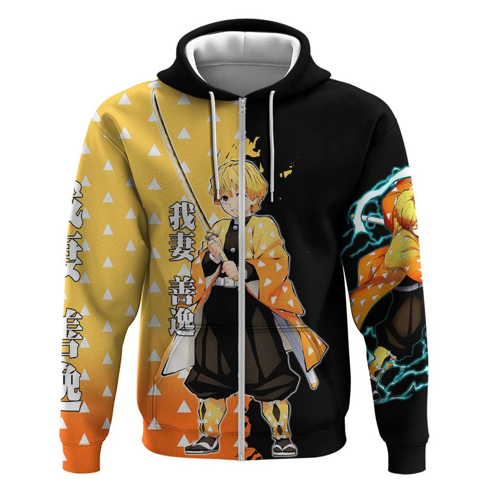 Zenitsu Agatsuma from Demon Slayer Hoodie with Yellow Lightning Kimono and Thunder Effects Design Zenitsu Agatsuma from Demon Slayer Hoodie with Yellow Lightning Kimono and Thunder Effects Design