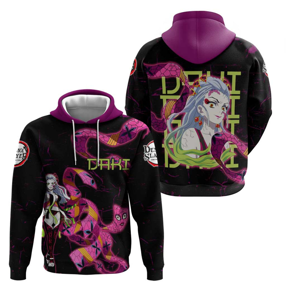 Daki Demon Slayer Theme Hoodie with Obi Sash Design and Neon Pink Green Graphic Elements Daki Demon Slayer Theme Hoodie with Obi Sash Design and Neon Pink Green Graphic Elements