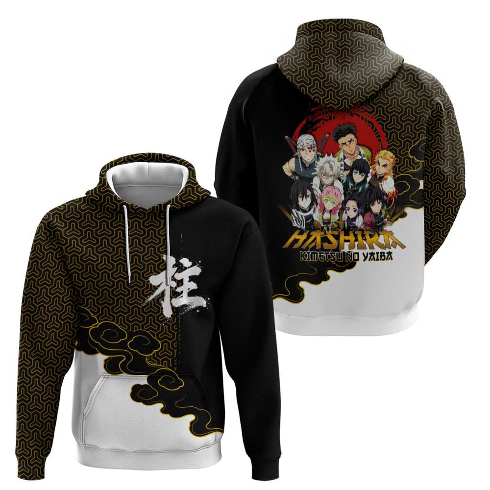 Demon Slayer Hashira Group Design Hoodie with Gold Cloud Pattern and Stylized Kanji Motif Demon Slayer Hashira Group Design Hoodie with Gold Cloud Pattern and Stylized Kanji Motif