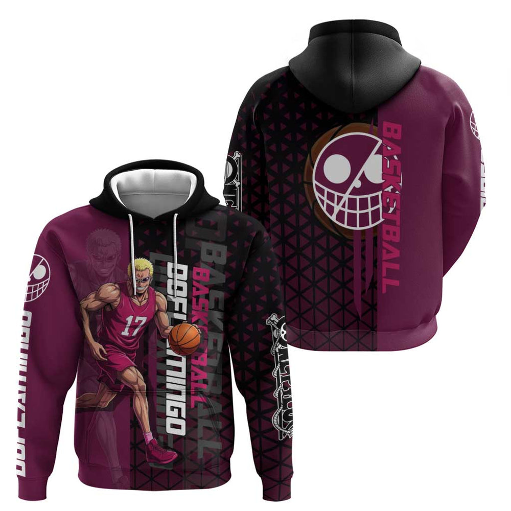 Donquixote Doflamingo One Piece Basketball Theme Maroon and Black Design Hoodie with Smiling Emblem Donquixote Doflamingo One Piece Basketball Theme Maroon and Black Design Hoodie with Smiling Emblem