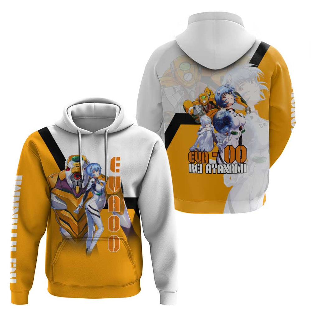 Evangelion EVA-00 and Rei Ayanami Yellow and White Hoodie Design with Mecha and Character Artwork Evangelion EVA-00 and Rei Ayanami Yellow and White Hoodie Design with Mecha and Character Artwork