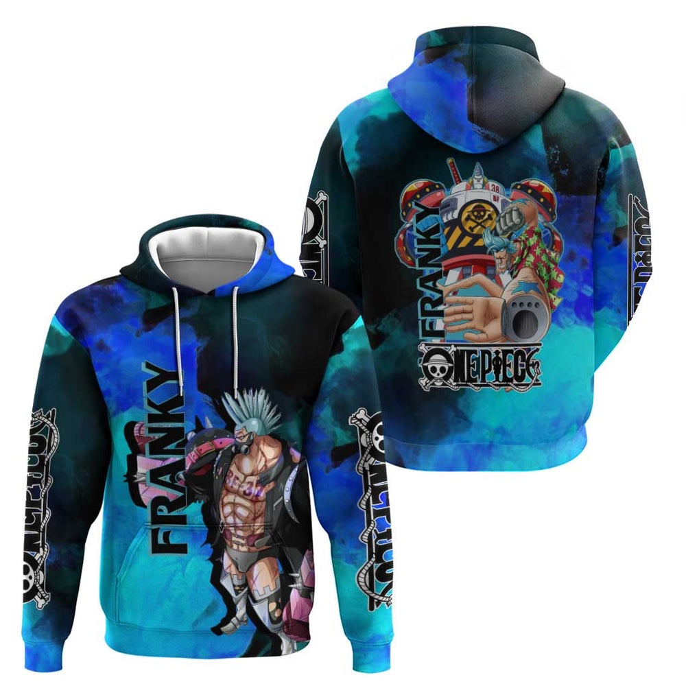 Franky One Piece Blue Theme Hoodie with Cyborg Design and Shipwright Pose Franky One Piece Blue Theme Hoodie with Cyborg Design and Shipwright Pose