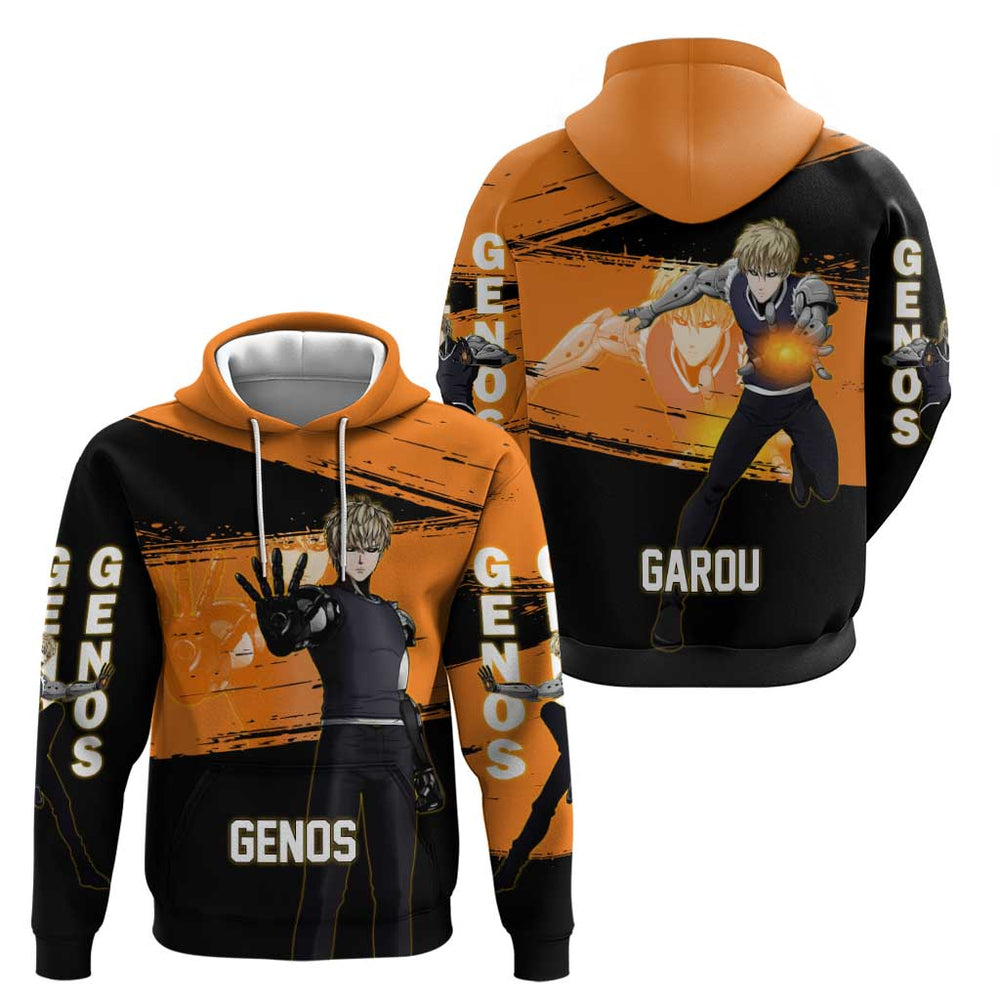 Genos One Punch Man Anime Orange and Black Theme Hoodie with Cyborg Arm Blast and Intense Action Pos Genos One Punch Man Anime Orange and Black Theme Hoodie with Cyborg Arm Blast and Intense Action Pos