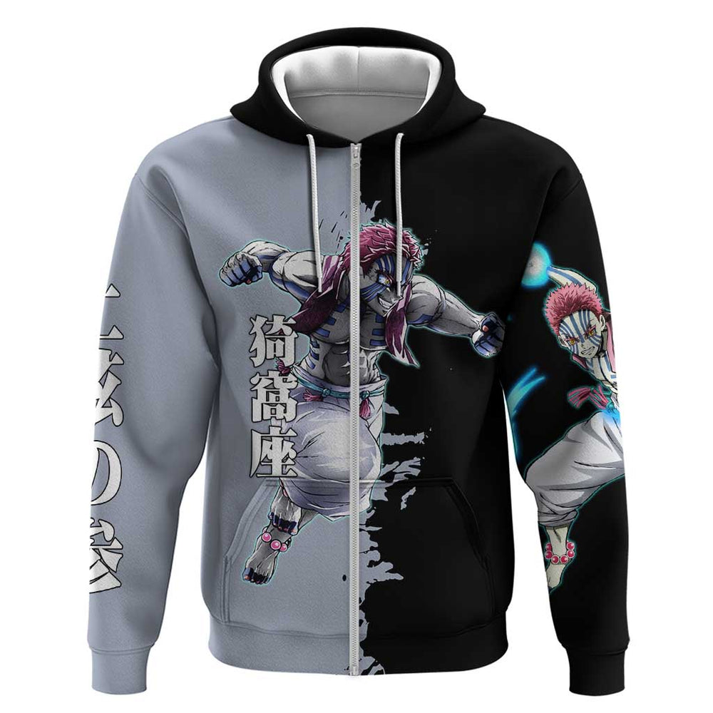 Akaza from Demon Slayer Hoodie with Split Color Background and Martial Arts Pose Manga Style Design Akaza from Demon Slayer Hoodie with Split Color Background and Martial Arts Pose Manga Style Design