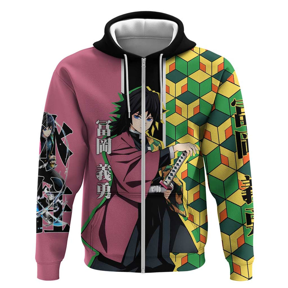 Giyu Tomioka from Demon Slayer Hoodie with Geometric Pattern Sleeve and Pink and Black Manga Panel D Giyu Tomioka from Demon Slayer Hoodie with Geometric Pattern Sleeve and Pink and Black Manga Panel D