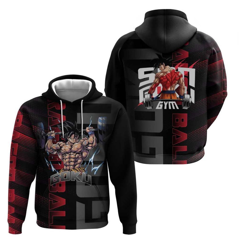 Goku Gym Theme Black and Red Design Hoodie with Dumbbell Lightning Art and Muscle Training Pose Goku Gym Theme Black and Red Design Hoodie with Dumbbell Lightning Art and Muscle Training Pose