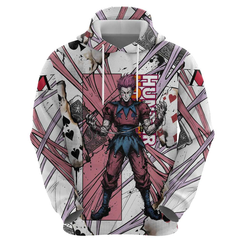 Hisoka Morow Playing Card Theme Hoodie with Magic Aura and Artistic Anime Illustration Hisoka Morow Playing Card Theme Hoodie with Magic Aura and Artistic Anime Illustration