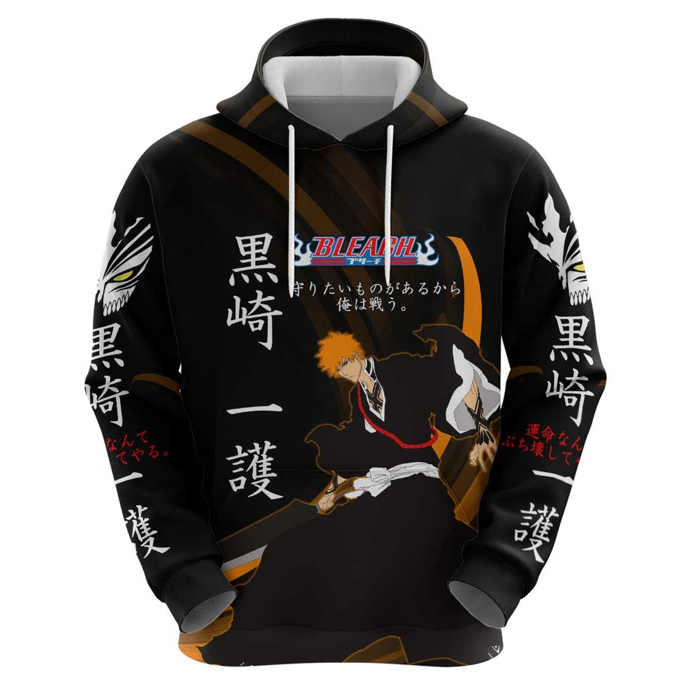 Ichigo Bleach Anime Black and Orange Theme Hoodie with Hollow Mask and Japanese Calligraphy Design Ichigo Bleach Anime Black and Orange Theme Hoodie with Hollow Mask and Japanese Calligraphy Design