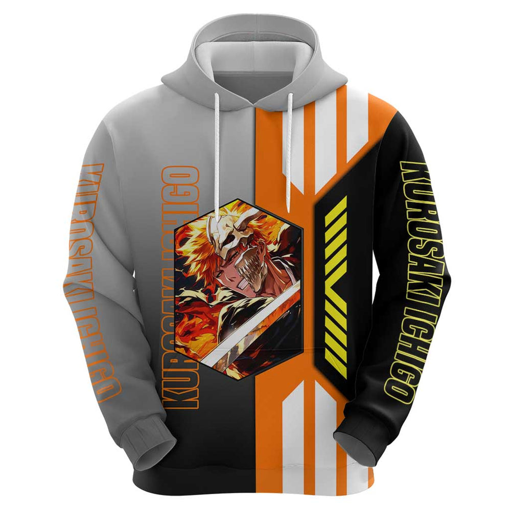 Ichigo Kurosaki from Bleach Hoodie with Sword and Battle Ready Pose Design Ichigo Kurosaki from Bleach Hoodie with Sword and Battle Ready Pose Design