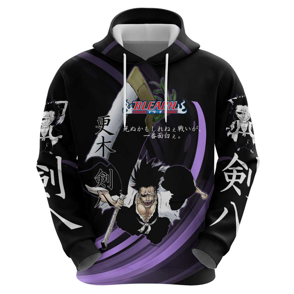 Kenpachi Zaraki Bleach Anime Black and Purple Theme Hoodie with Battle Stance and Japanese Quote Des Kenpachi Zaraki Bleach Anime Black and Purple Theme Hoodie with Battle Stance and Japanese Quote Des