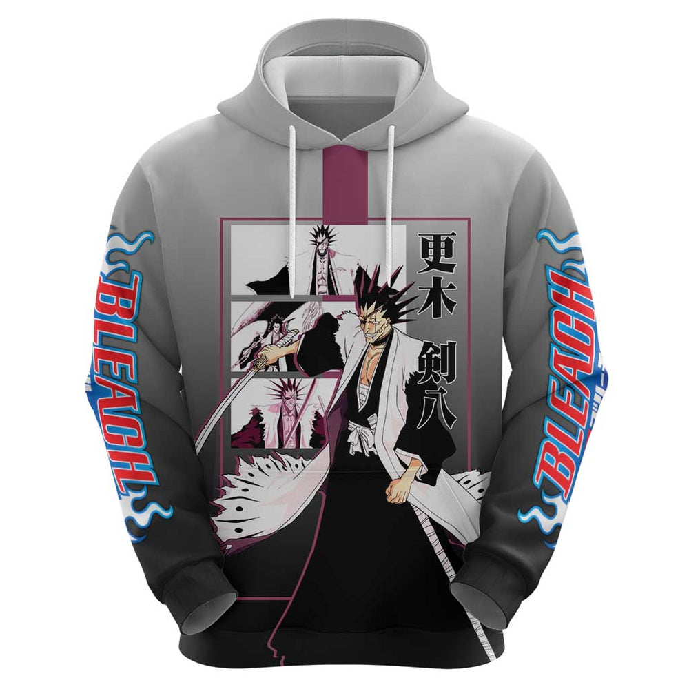 Kenpachi Zaraki Bleach Hoodie with Zanpakuto and Fierce Battle Pose Design Kenpachi Zaraki Bleach Hoodie with Zanpakuto and Fierce Battle Pose Design