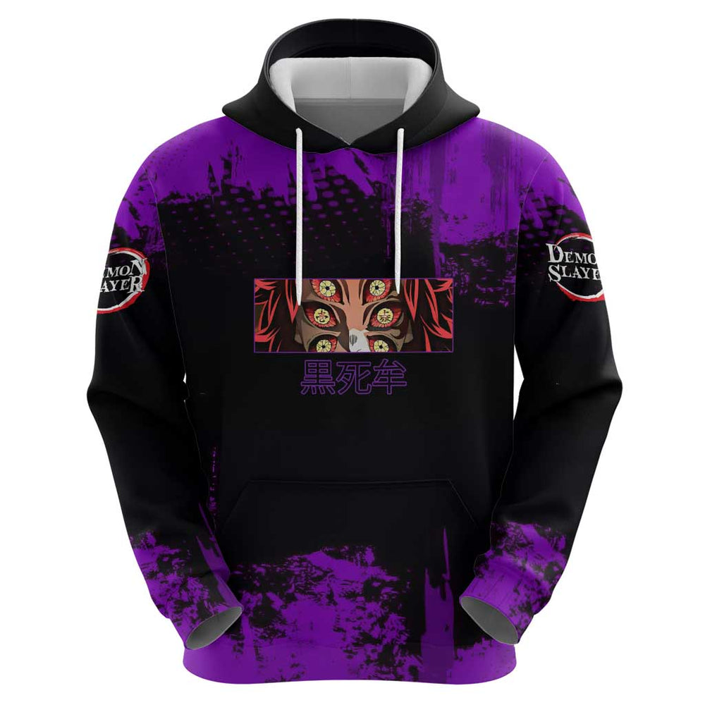 Kokushibo Demon Slayer Purple Grunge Design Hoodie with Six Eyes Detail and Sword Pose Kokushibo Demon Slayer Purple Grunge Design Hoodie with Six Eyes Detail and Sword Pose
