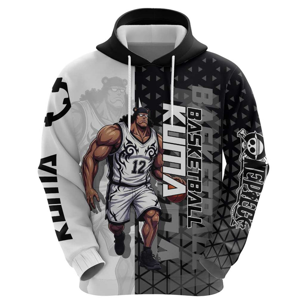 Bartholomew Kuma One Piece Basketball Crossover Design Hoodie with Monochrome Geometric Background a Bartholomew Kuma One Piece Basketball Crossover Design Hoodie with Monochrome Geometric Background a
