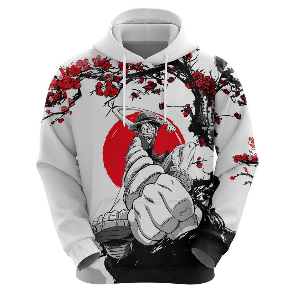 Luffy Gear 3 One Piece Anime White and Red Japanese Art Style Hoodie with Cherry Blossom Tree and St Luffy Gear 3 One Piece Anime White and Red Japanese Art Style Hoodie with Cherry Blossom Tree and St