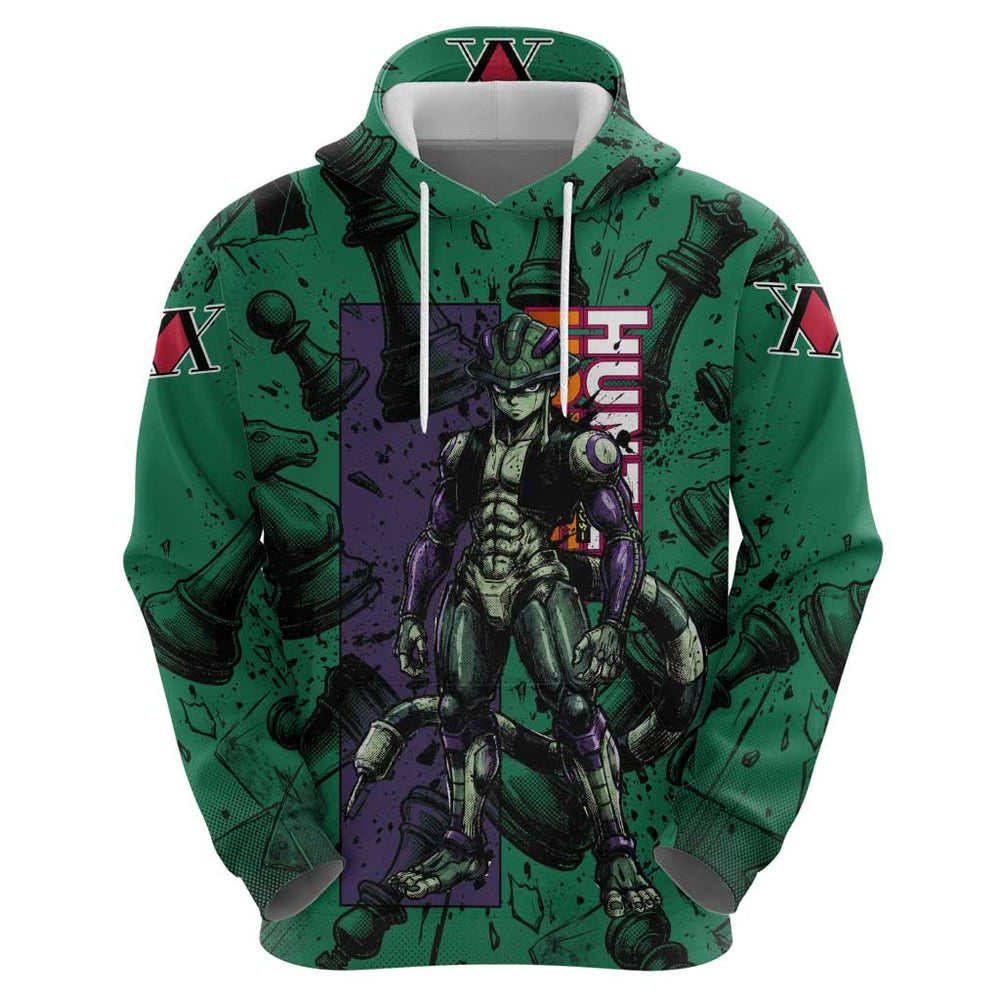Meruem Chess Theme Hoodie with Dark Aura and Strategic Anime Artwork Design Meruem Chess Theme Hoodie with Dark Aura and Strategic Anime Artwork Design