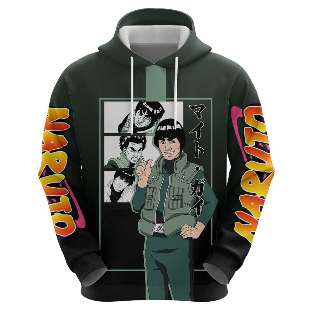 Might Guy Naruto Hoodie with Green Jumpsuit and Energetic Taijutsu Pose Design Might Guy Naruto Hoodie with Green Jumpsuit and Energetic Taijutsu Pose Design