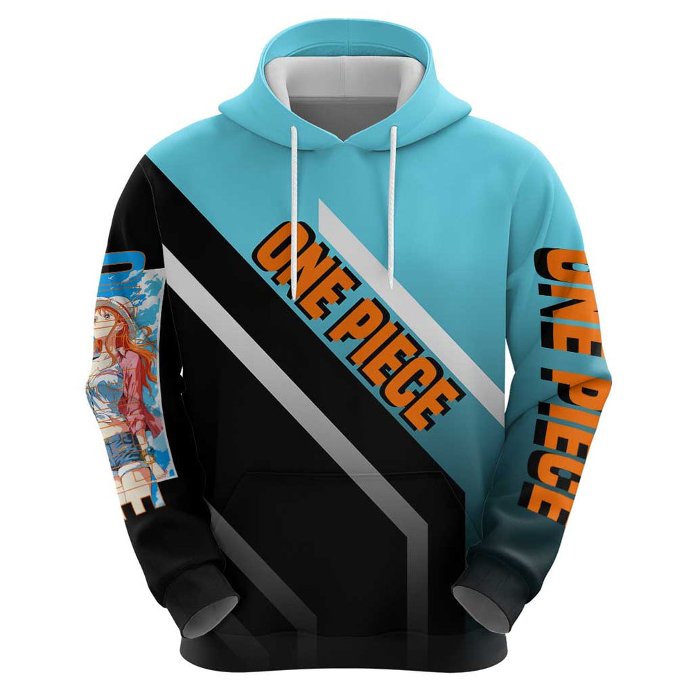 Nami One Piece Hoodie with Weather Staff and Confident Adventure Pose Design Nami One Piece Hoodie with Weather Staff and Confident Adventure Pose Design