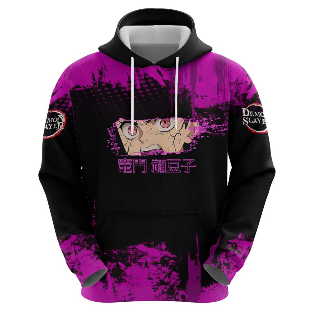 Nezuko Kamado Demon Slayer Pink Grunge Design Hoodie with Fierce Eyes and Cute Sitting Pose Nezuko Kamado Demon Slayer Pink Grunge Design Hoodie with Fierce Eyes and Cute Sitting Pose